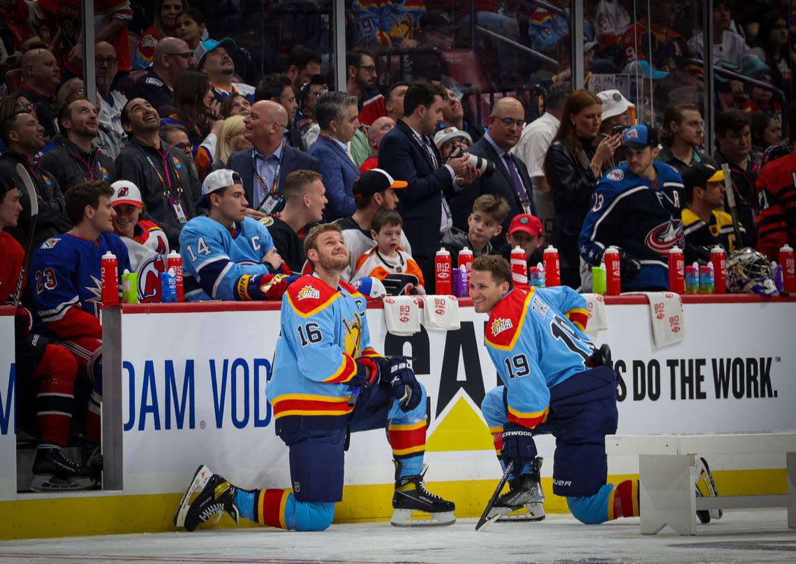 Florida Panthers Aleksander Barkov (16) and Florida Panthers Matthew Tkachuk (19) talk on the sidelines during the NHL All-Star Skills Competition on Friday, Feb. 3, 2023, at FLA Live Arena in Sunrise.