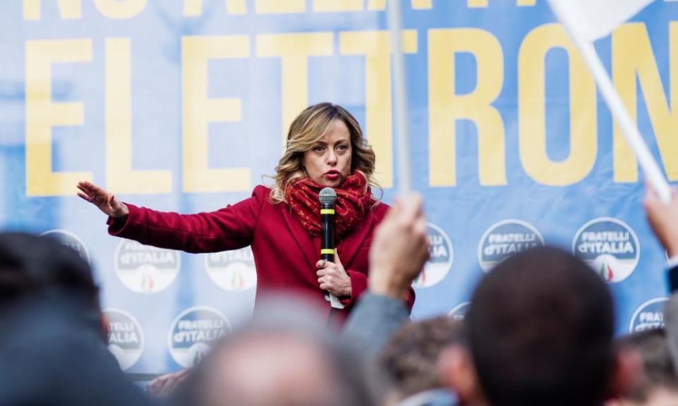 Meloni, the leader of the Brothers of Italy party, speaks outside the Italian parliament in Rome in December 2018.