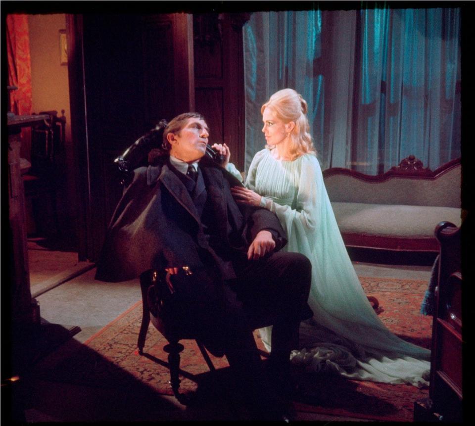 Barnabas Collins (Jonathan Frid) and Angelique (Lara Parker) are shown in a scene from the TV soap opera “Dark Shadows.”