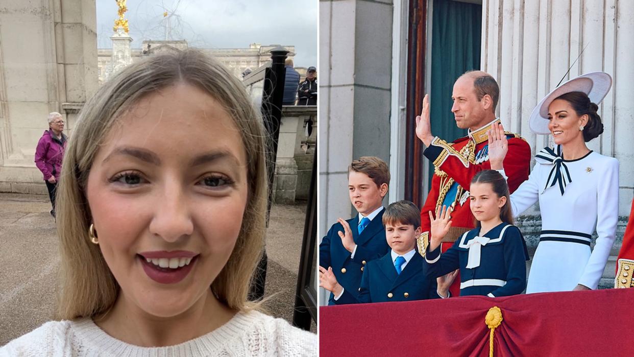 A split image of Isabelle Casey and the Wales family on the balcony 