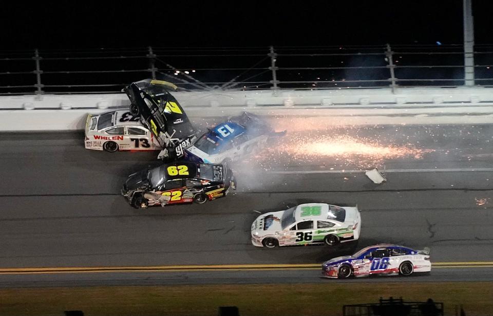 Andres Perez (2) goes airborne amidst a violent crash on the last lap of the Hard Rock Bet 200 in the ARCA Menards Series at Daytona on Friday, February 17, 2024.