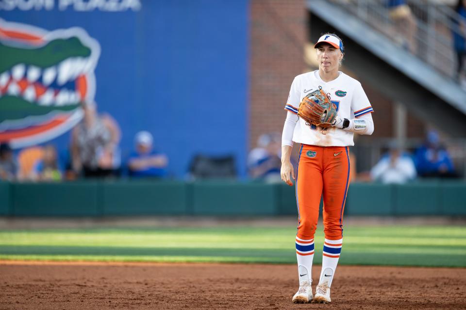 Florida Gators shortstop Skylar Wallace (17) waits for the pitch against the Stetson Hatters during the game at Katie Seashole Pressly Stadium at the University of Florida in Gainesville, FL on Wednesday, March 13, 2024. [Matt Pendleton/Gainesville Sun]