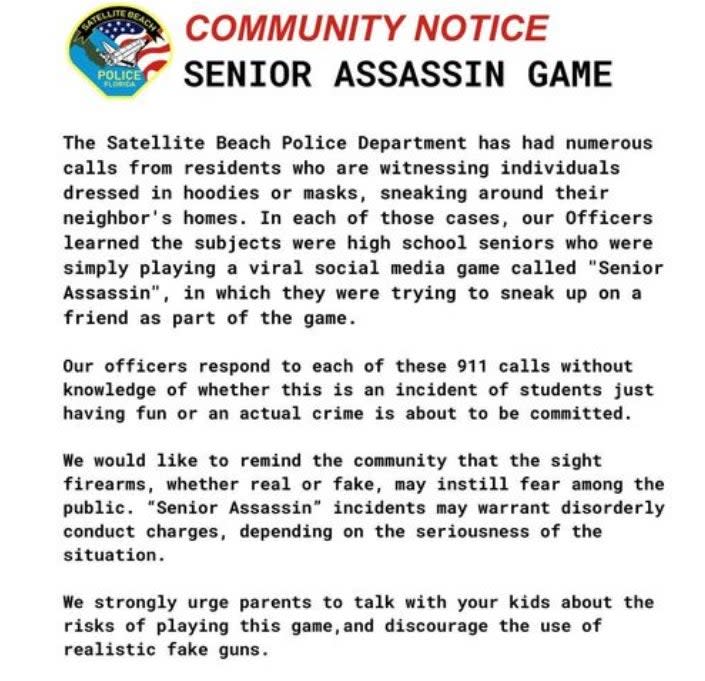 Police in Satellite Beach, Florida, warned about "Senior Assassin" TikTok game.