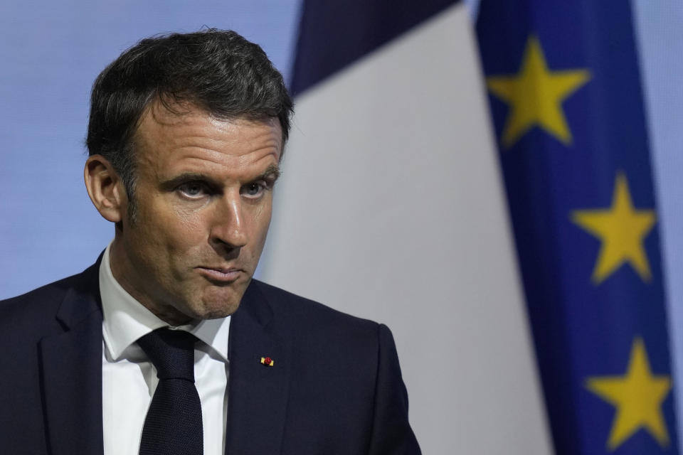 French President Emmanuel Macron speaks during a meeting with the business community at the Sao Paulo State Industries Federation, in Sao Paulo, Brazil, Wednesday, March 27, 2024. Macron is on a three-day official visit to Brazil. (AP Photo/Andre Penner)