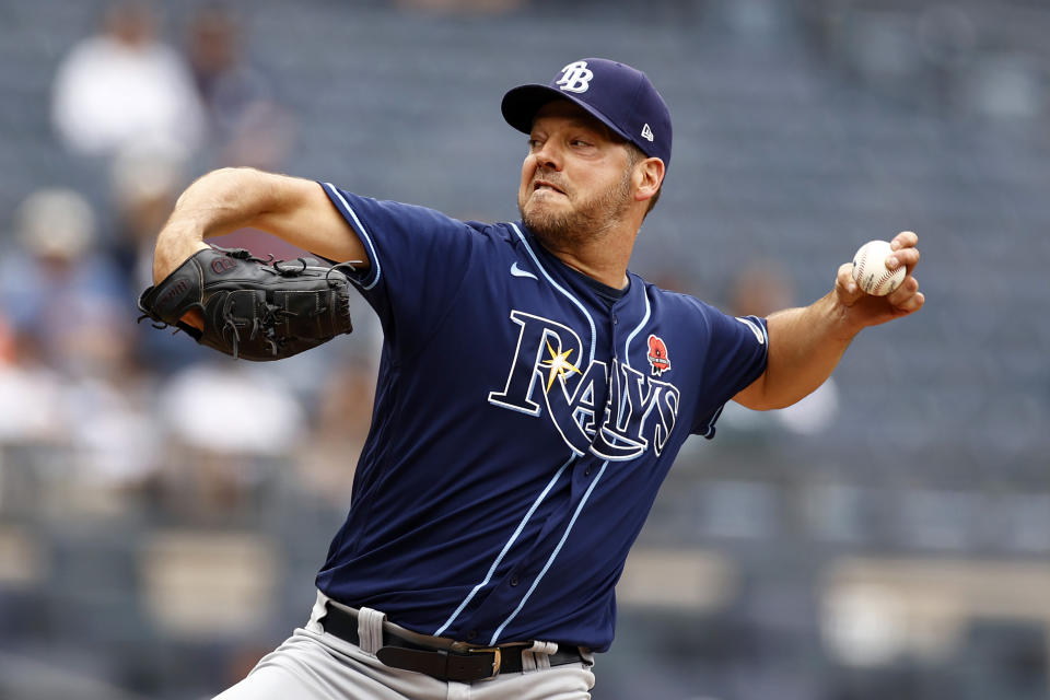 Tampa Bay Rays starting pitcher Rich Hill delivers a pitch during the first inning of a baseball game against the New York Yankees on Monday, May 31, 2021, in New York. (AP Photo/Adam Hunger)