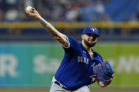 Toronto Blue Jays starting pitcher Alek Manoah delivers to the Tampa Bay Rays during the first inning of a baseball game Tuesday, Sept. 21, 2021, in St. Petersburg, Fla. (AP Photo/Chris O'Meara)