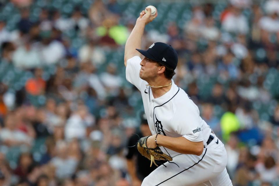 Detroit Tigers relief pitcher Beau Brieske (4) pitches in the sixth inning against the Tampa Bay Rays at Comerica Park in Detroit on Friday, Aug. 4, 2023.