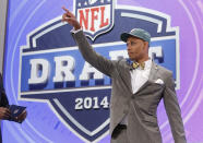 Vanderbilt wide receiver Jordan Matthews reacts to the crowd after being selected as the 42 pick by the Philadelphia Eagles in the second round of the 2014 NFL Draft, Friday, May 9, 2014, in New York. (AP Photo/Jason DeCrow)