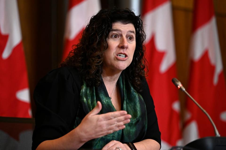 Auditor General of Canada Karen Hogan participates in a news conference on four performance reports to the House of Commons, in Ottawa, on Monday, March 27, 2023. Hogan said in one of the reports that the gap in high-speed internet access between urban and rural areas of the country is troubling as more services move online.