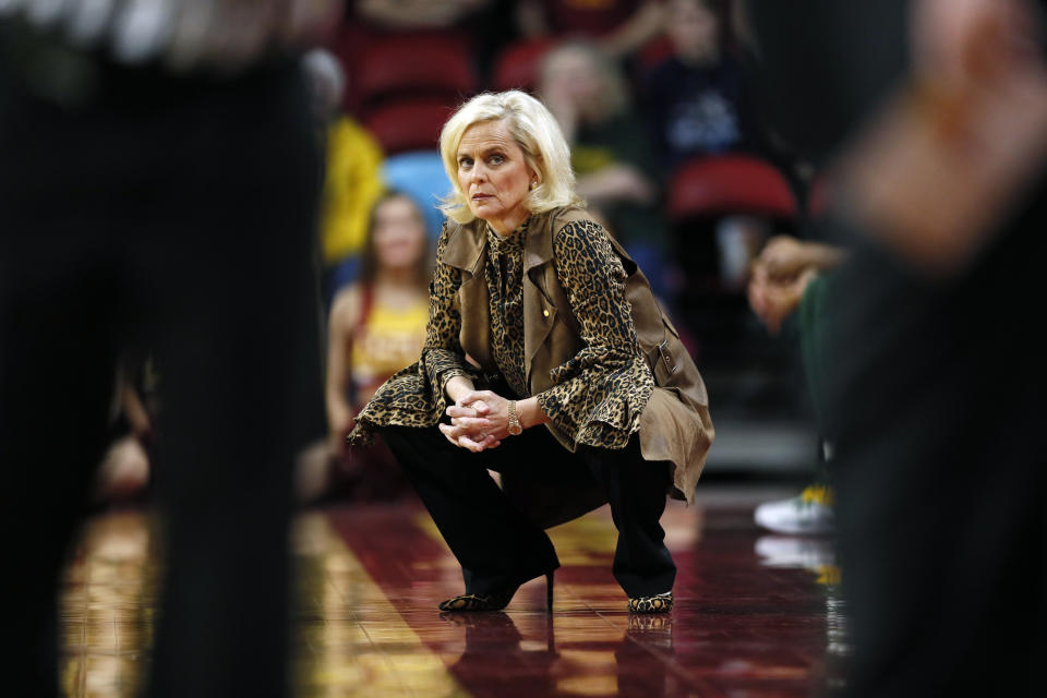 Baylor head coach Kim Mulkey watches from the bench during the first half of an NCAA college basketball game against Iowa State, Sunday, March 8, 2020, in Ames, Iowa. (AP Photo/Charlie Neibergall)