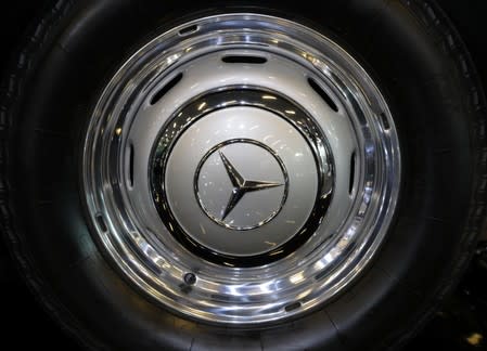 The logo of Mercedes carmaker is seen on wheel at the Top Marques fair in Monaco