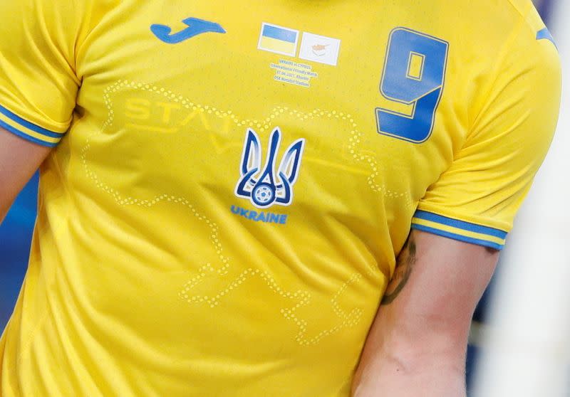 FILE PHOTO: Ukraine's Roman Yaremchuk wears newly unveiled national team jersey emblazoned with a map of Ukraine that includes Crimea during an international friendly match in Kharkiv