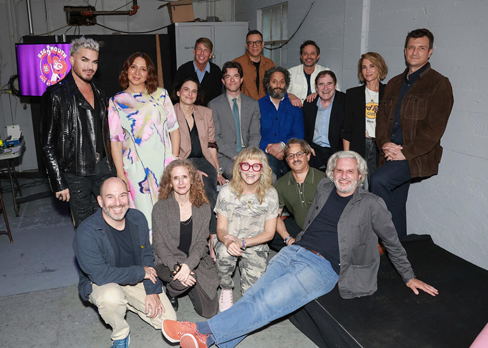 (Top to bottom, L-R) Jack McBrayer, Fred Armisen, Nick Kroll, Adam Lambert, Maya Rudolph, Jessi Klein, John Mulaney, Jason Mantzoukas, Richard Kind, Kristen Wiig, Nathan Fillion, Andrew Goldberg, Jennifer Flackett, Maria Bamford, Gil Ozeri, and Mark Levin pose during Netflix is a Joke Festival: Big Mouth Live at The Greek Theatre on May 02, 2024 in Los Angeles, California.