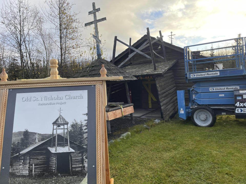Seen is the old St. Nicholas Church in Eklutna, Alaska, after the bell tower was removed from above the entryway on Oct. 13, 2023. A three-year restoration effort began Oct. 13, 2023, at the church, which is the oldest standing building in the Municipality of Anchorage. (AP Photo/Mark Thiessen)