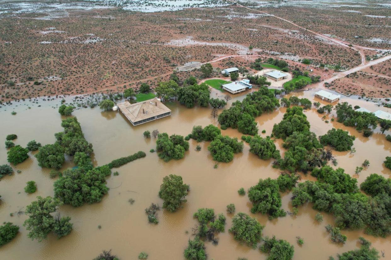 <span>Flooding at Rawlinna Station, WA. The Eyre Highway has been closed as the Goldfields and Eucla regions face ‘unprecedented weather’. </span><span>Photograph: Rawlinna Station</span>