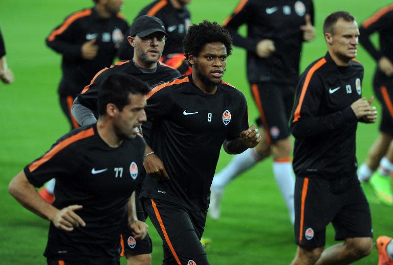 Shakhtar Donetsk footballers during a training session in Bilbao on September 16, 2014. The exiled Ukrainian team long to return home