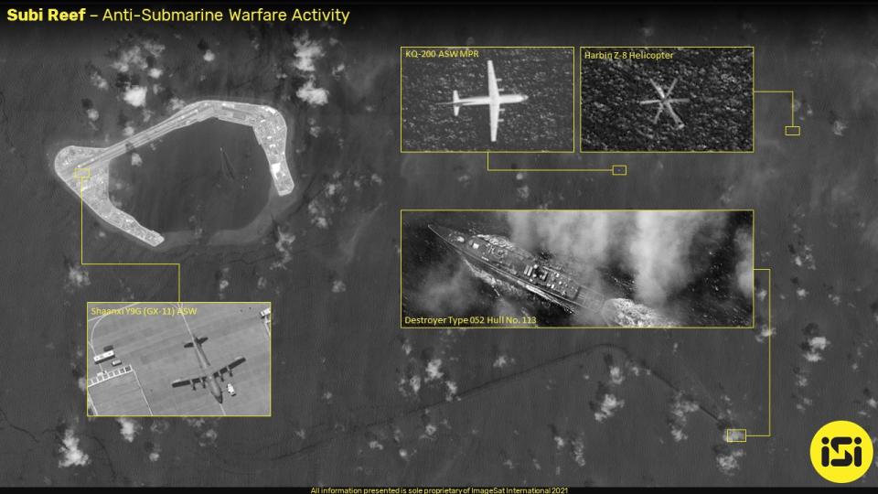 衛星影像提供公司「ISI」PO出渚碧礁附近的軍事活動影像，顯示中國解放軍已將該人工島「全面軍事基地化」。   圖：翻攝 ImageSat Intl.推特(資料照片)