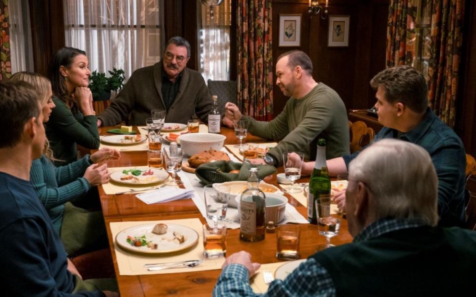 Will Estes, Vanessa Ray, Bridget Moynahan, Tom Selleck, Donnie Wahlberg, Andrew Terraciano, and Len Cariou<p>Photo: John Paul Filo/CBS</p>