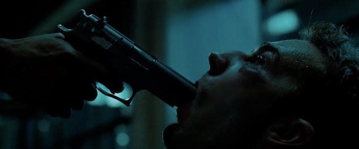 Edward Norton as The Narrator in 'Fight Club,' with a gun in his mouth