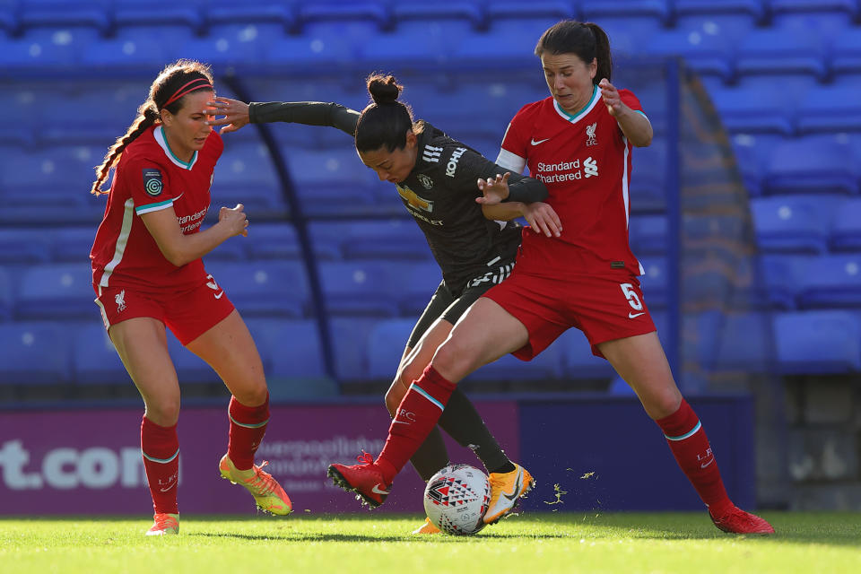 BIRKENHEAD, ENGLAND - OCTOBER 07: Christen Press of Manchester United Women  during the FA Women's Continental League Cup match between Liverpool FC Women and Manchester United Women at Prenton Park on October 7, 2020 in Birkenhead, England. (Photo by Matthew Ashton/Getty Images)