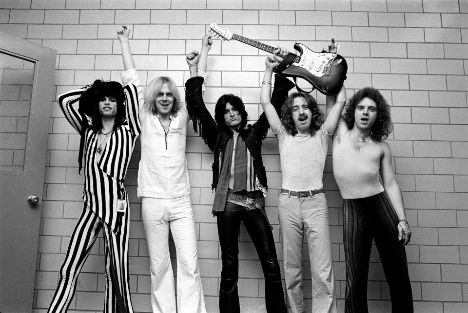 Vintage photo of Aerosmith members Tom Hamilton,  Steven Tyler,  Joey Kramer,  Joe Perry and Brad Whitford.