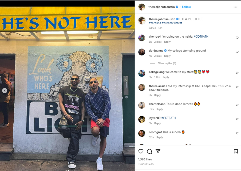 The night before Usher played his highly anticipated set at Dreamville Festival in Raleigh, he and songwriter-producer Johnta Austin visited He’s Not Here — a popular outdoor bar in Chapel Hill — on March 31, 2023.