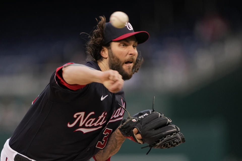Washington Nationals' starting pitcher Trevor Williams throws during the first inning of a baseball game against the Chicago Cubs in Washington, Tuesday, May 2, 2023. (AP Photo/Manuel Balce Ceneta)