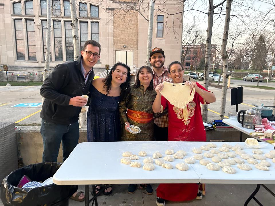 Hillel staff prepares Moroccan mufleta for an end-of-Passover Mimouna celebration on April 13, 2023.