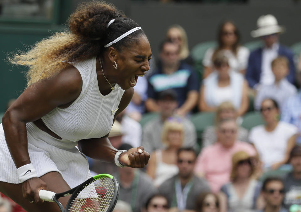 United States' Serena Williams celebrates after winning a point against United States' Alison Riske during a women's quarterfinal match on day eight of the Wimbledon Tennis Championships in London, Tuesday, July 9, 2019. (AP Photo/Kirsty Wigglesworth)