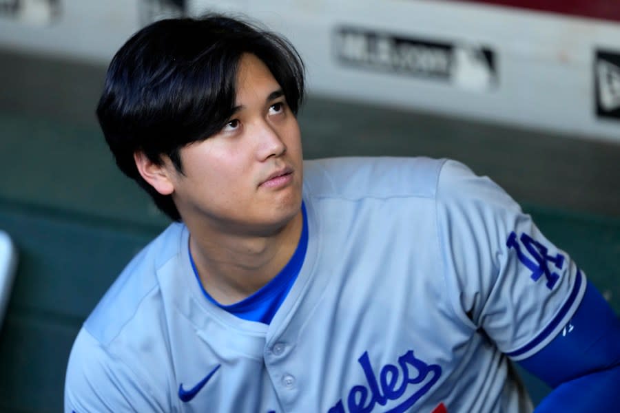 Los Angeles Dodgers <a class="link " href="https://sports.yahoo.com/mlb/players/10835/" data-i13n="sec:content-canvas;subsec:anchor_text;elm:context_link" data-ylk="slk:Shohei Ohtani;sec:content-canvas;subsec:anchor_text;elm:context_link;itc:0">Shohei Ohtani</a> looks toward a swarm of bees gathering on the net behind home plate delaying the start of a baseball game against the Arizona Diamondbacks, Tuesday, April 30, 2024, in Phoenix. (AP Photo/Matt York)