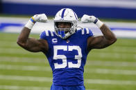 Indianapolis Colts outside linebacker Darius Leonard (53) celebrates a defensive stop against the Tennessee Titans in the first half of an NFL football game in Indianapolis, Sunday, Nov. 29, 2020. (AP Photo/Darron Cummings)