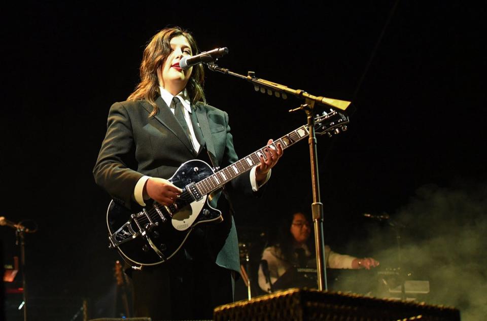 Musician Lucy Dacus from Boysgenius performs on the Coachella stage during the first weekend of the Coachella Valley Music and Arts Festival in Indio, California, on April 15, 2023. (AFP via Getty Images)