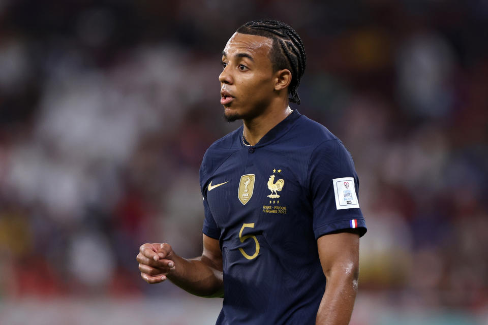 DOHA, QATAR - DECEMBER 04: Jules Kounde of France looks on during the FIFA World Cup Qatar 2022 Round of 16 match between France and Poland at Al Thumama Stadium on December 04, 2022 in Doha, Qatar. (Photo by Francois Nel/Getty Images)