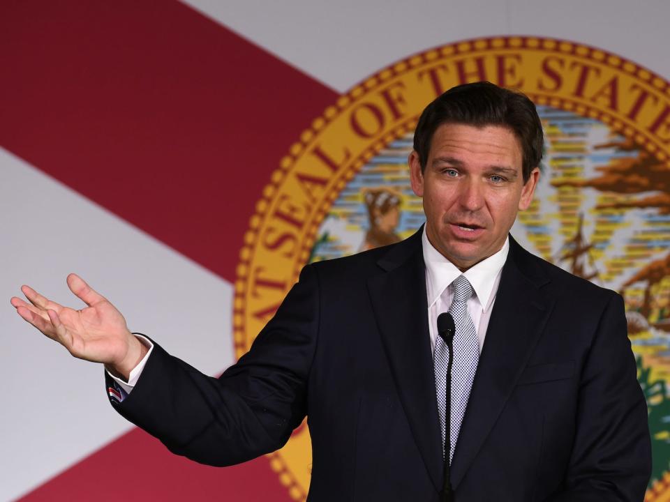 Republican presidential candidate Florida Gov. Ron DeSantis speaks during a press conference during which he signed a bill to protect the digital rights of Floridians, on June 6, 2023 in Wildwood, Florida.