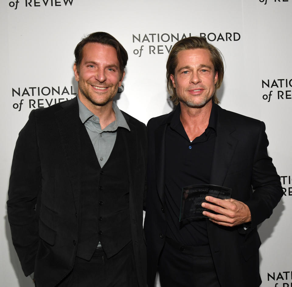 NEW YORK, NEW YORK - JANUARY 08:  Bradley Cooper and Brad Pitt attend The National Board of Review Annual Awards Gala at Cipriani 42nd Street on January 08, 2020 in New York City. (Photo by Kevin Mazur/Getty Images for National Board of Review)