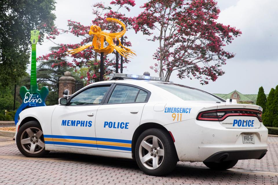 A Memphis Police Department vehicle blocks the entrance to The Museum of Science and History as the MPD TACT/Bomb Unit respond after military artifacts were found during an archive review at the museum in Memphis, Tenn., on Friday, July 7, 2023. The items were confiscated and will be disposed of, according to MPD.