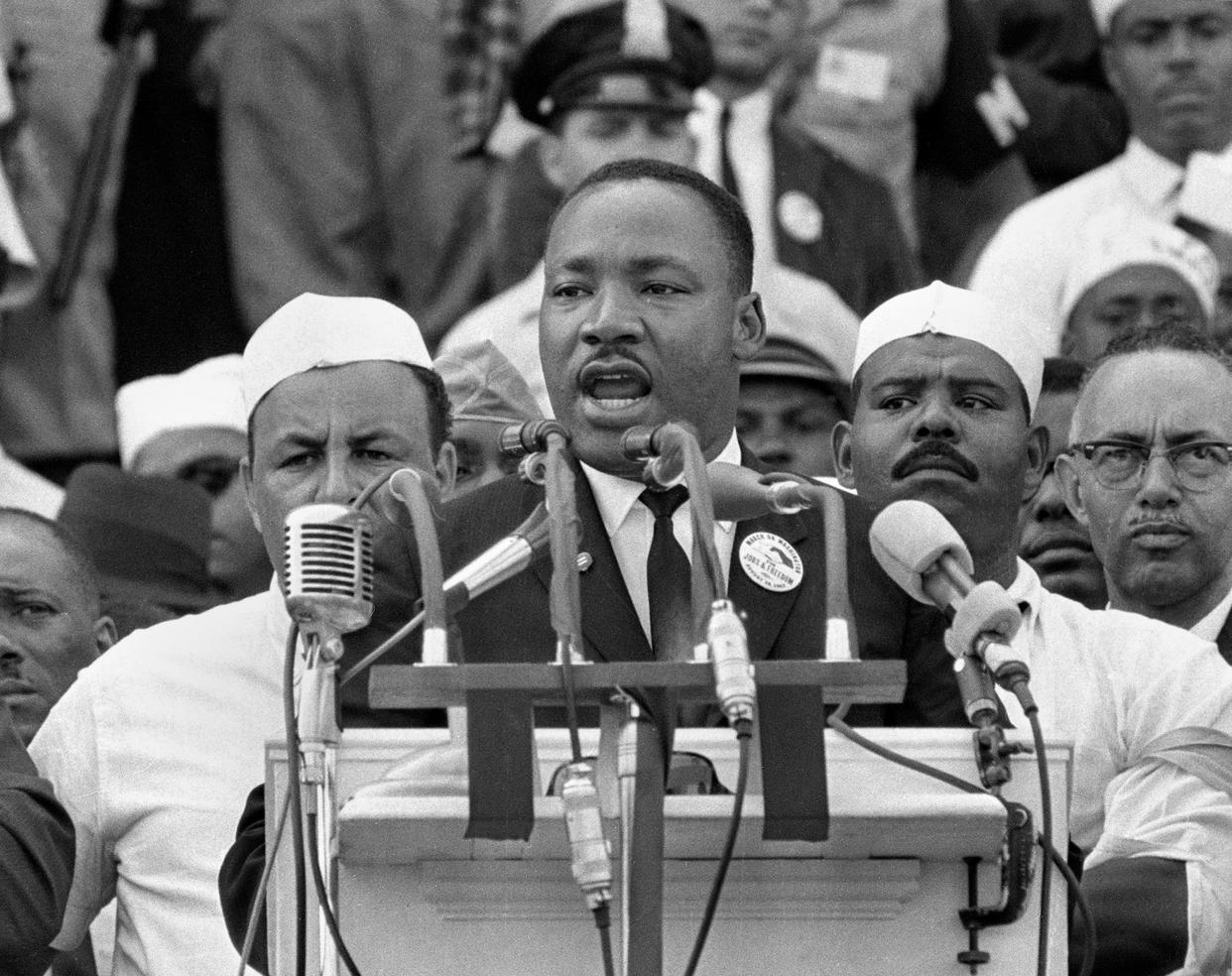 In this Aug. 28, 1963 file photo, Dr. Martin Luther King Jr. addresses marchers during his "I Have a Dream" speech at the Lincoln Memorial in Washington.