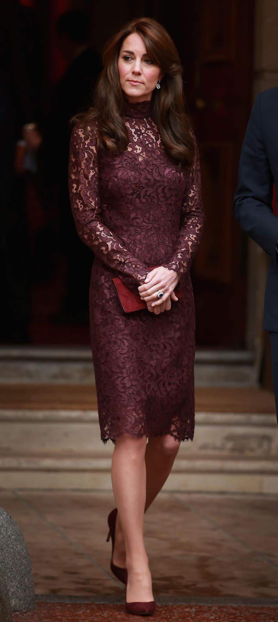 Back in October 2015 Kate wore this purple lace Dolce & Gabbana knee-length dress. Photo: Getty.