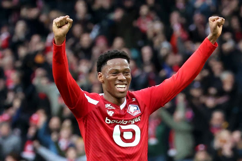 Lille's Canadian forward Jonathan David celebrates after scoring