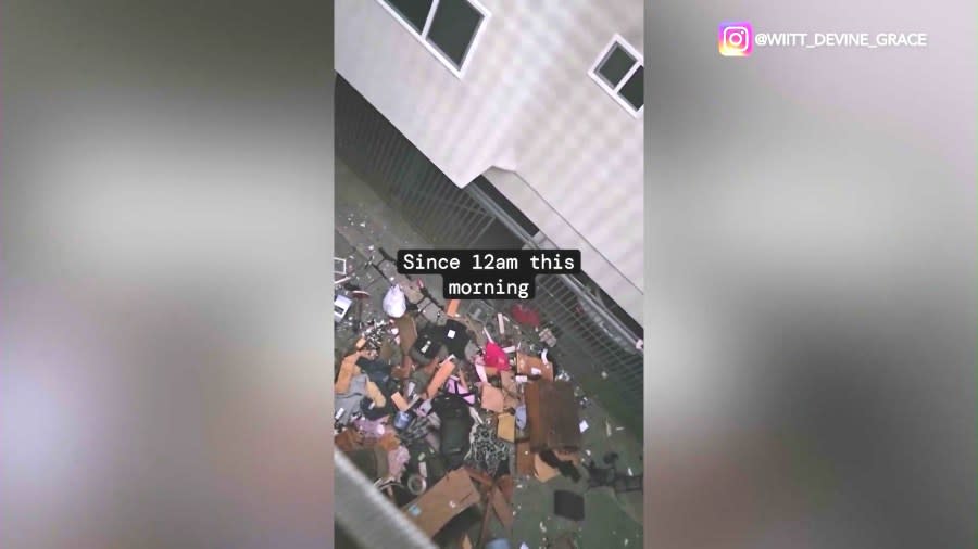 A large amount of items thrown out pf the window by a man neighbors say are terrorizing a Baldwin Village apartment complex. (Shannon Arnold)