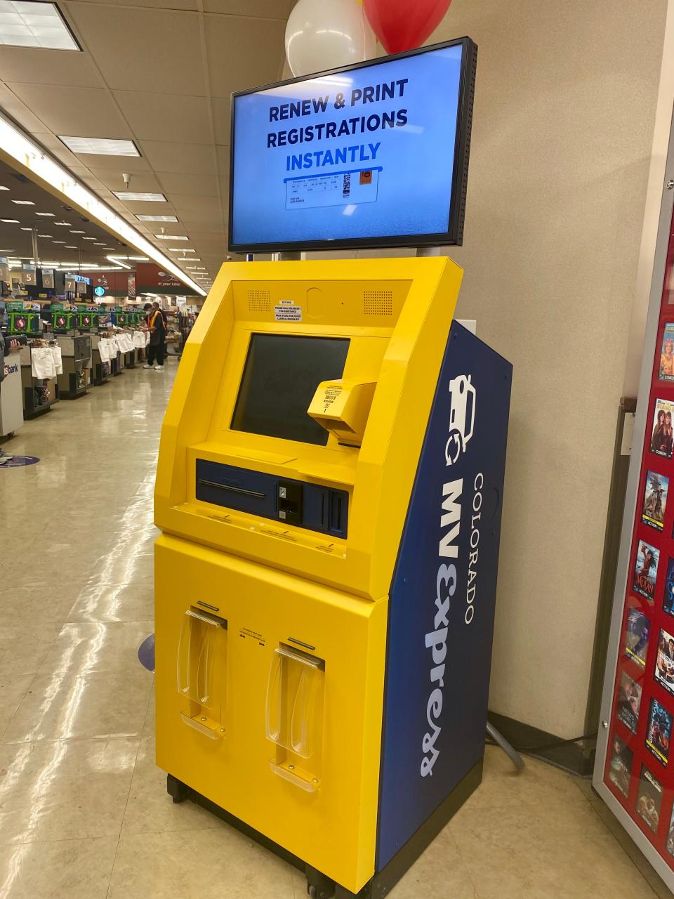 This self-serve kiosk was installed in 2021 at a grocery store in Pueblo, Colorado, to allow people to renew their vehicle license plates. The North Carolina Division of Motor Vehicles plans to put similar kiosks in North Carolina grocery stores and other locations starting in October for people to renew their driver’s licenses and vehicle license plates.