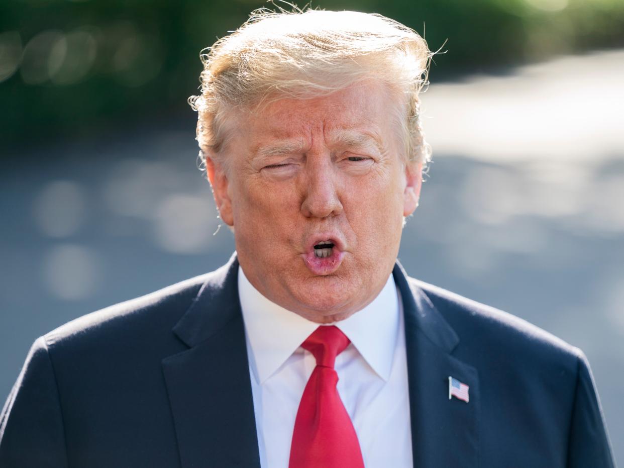 <p>Donald J Trump speaks to the media as he departs the White House for Colorado in Washington, DC, on 30 May 2019</p> ((EPA))