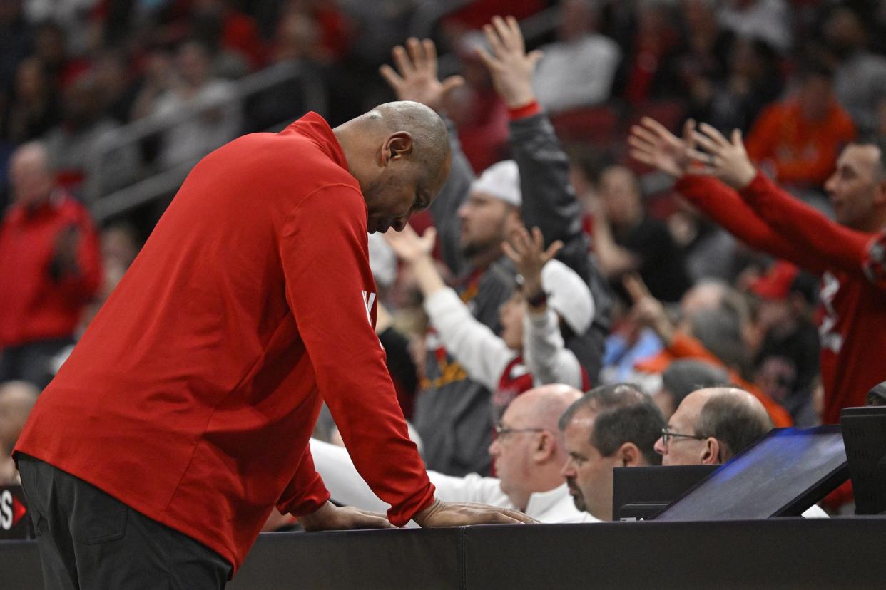 Mar 2, 2024; Louisville, Kentucky, USA; Louisville Cardinals head coach Kenny Payne reacts to a call during the second half against the Syracuse Orange at KFC Yum! Center. Syracuse defeated Louisville 82-76. Mandatory Credit: Jamie Rhodes-USA TODAY Sports