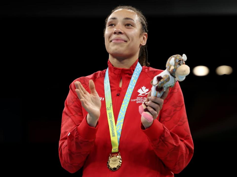 Canada's Tammara Thibeault claimed the women’s middleweight boxing title at the 2022 Commonwealth Games at the NEC Arena in Birmingham, England, on Sunday. (Eddie Keogh/Getty Images - image credit)