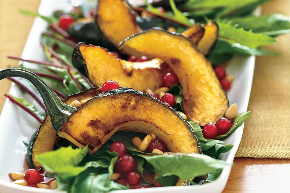 Dandelion Salad with Pomegranate Seeds, Pine Nuts, and Roasted Delicata Squash