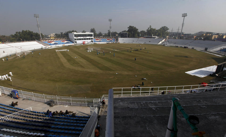 The Pakistan cricket team attends the practice session for the first test match against Sri Lanka at the Pindi stadium in Rawalpindi, Pakistan, Monday, Dec. 9, 2019. Sri Lanka's cricket team arrived in Pakistan to play two-test series that will be the first tests in Pakistan in over a decade. Sri Lanka was the last team to play a test match in Pakistan in 2009 before the team came under terrorist attack at Lahore and the doors to international cricket were closed on Pakistan. (AP Photo/Anjum Naveed)