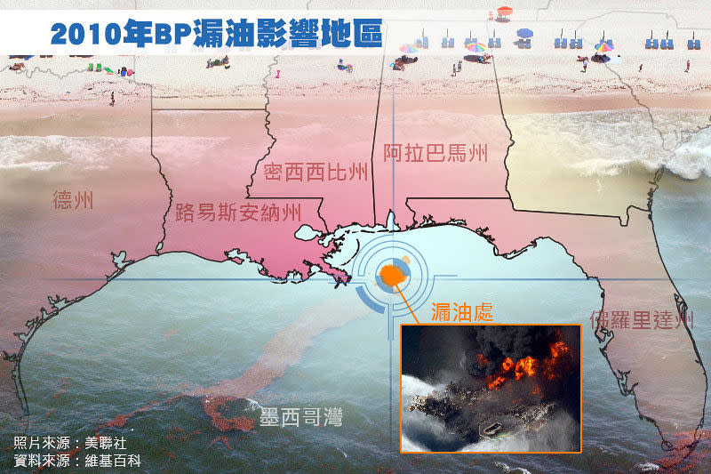 2010年BP漏油影響區域圖。（照片：美聯社，製圖：風傳媒）