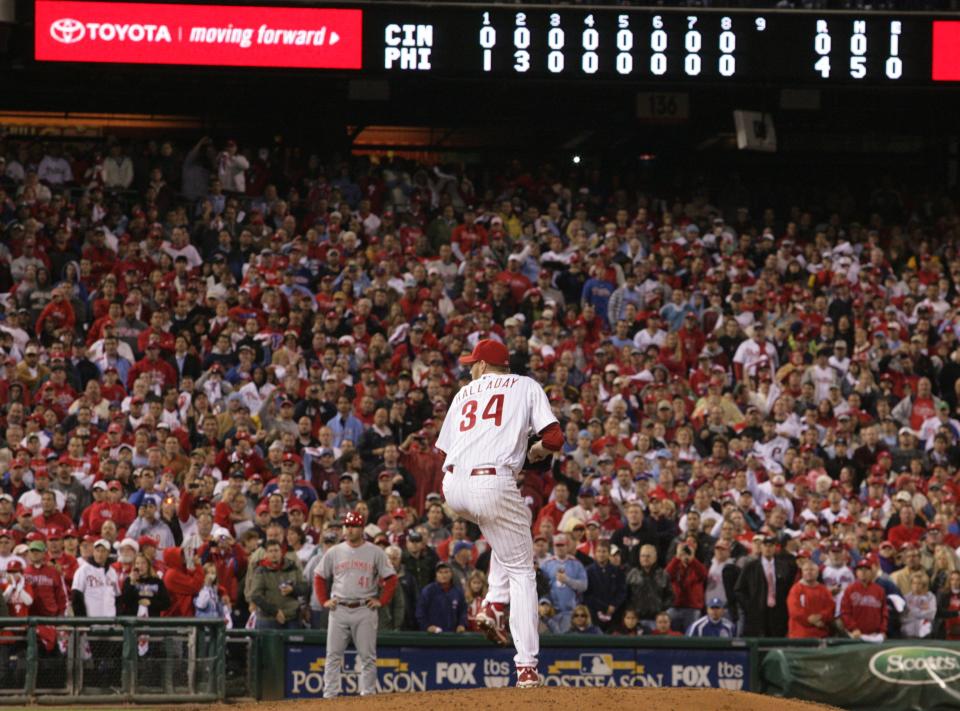 Phillies pitcher Roy Halladay delivers in the ninth inning of his no-hitter to open the NLDS with a 4-0 win against the Reds, Wednesday, Oct. 6, 2010, at Citizens Bank Park.