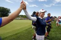 Aug 20, 2017; West Des Moines, IA, USA; USA golfer Brittany Lincicome celebrates winning The Solheim Cup international golf tournament at Des Moines Golf and Country Club. Mandatory Credit: Brian Spurlock-USA TODAY Sports