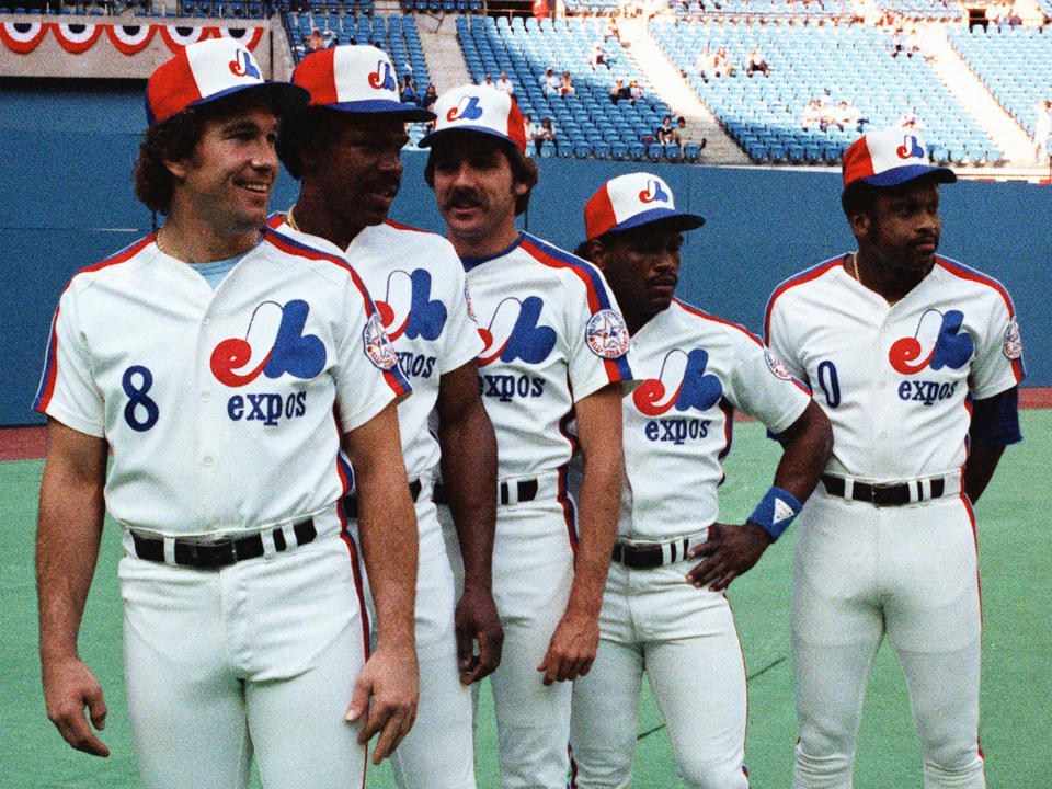 FILE - In this July 13, 1982, file photo, Montreal Expos players, from left, Gary Carter, Andre Dawson, Steve Rogers, Tim Raines and Al Oliver pose before the All-Star baseball game in Montreal. Now known as the Washington Nationals, the team is set to play in the franchise's first World Series. (The Canadian Press via AP, File)